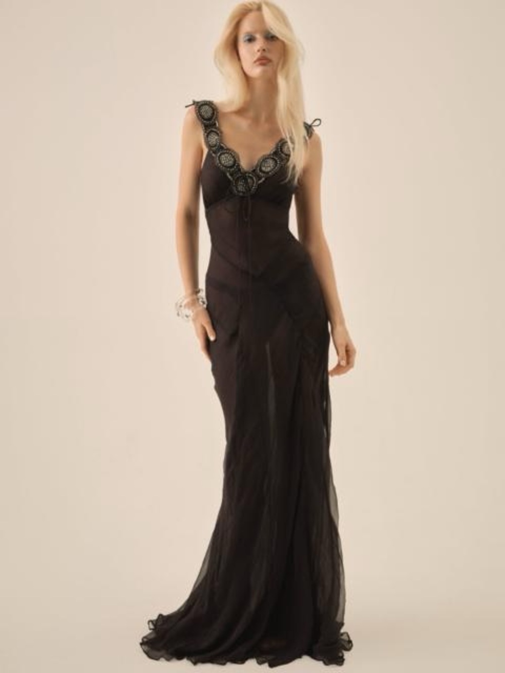 NWT For Love And Lemons “Willa” Silk V-Neck Maxi Gown in Black Sz X-Small